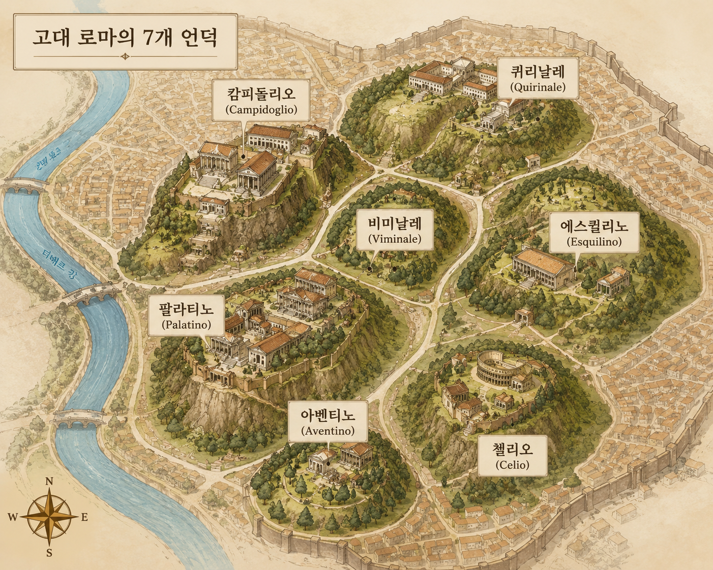 고대로마의 7개의 언덕 지형도 (명칭은 현대 이탈리아 명칭임)